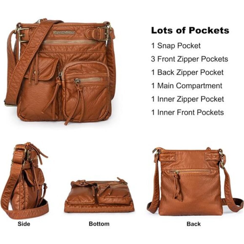 Crossbody Bag for Women Soft Washed Leather Multi Pocket Shoulder Purses - Picture 4 of 7